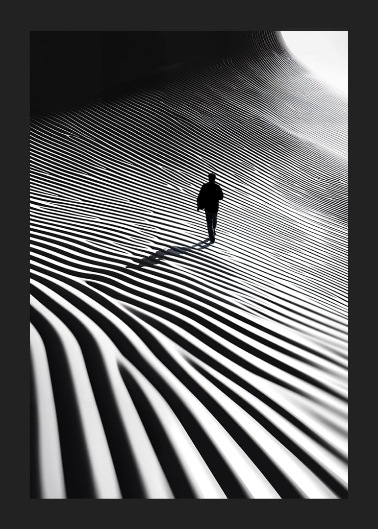A lone hiker moves through a surreal landscape of light, shadow and hypnotic lines-12