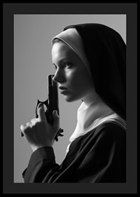 A dramatic black and white image of a determined nun holding a gun close to her face.-0