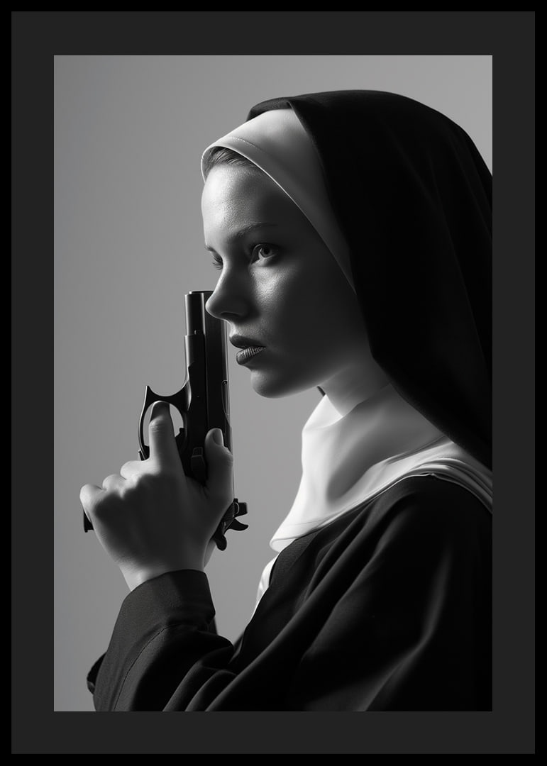 A dramatic black and white image of a determined nun holding a gun close to her face.-12