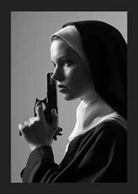 A dramatic black and white image of a determined nun holding a gun close to her face.-1