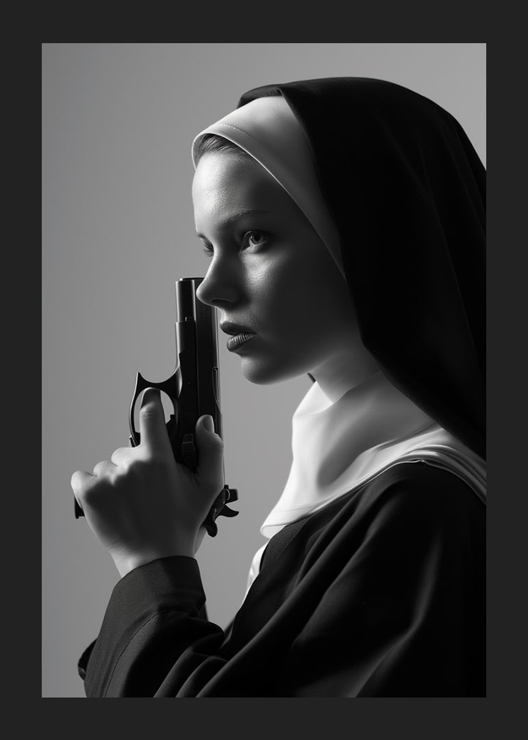 A dramatic black and white image of a determined nun holding a gun close to her face.-12