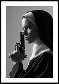 A dramatic black and white image of a determined nun holding a gun close to her face.-2