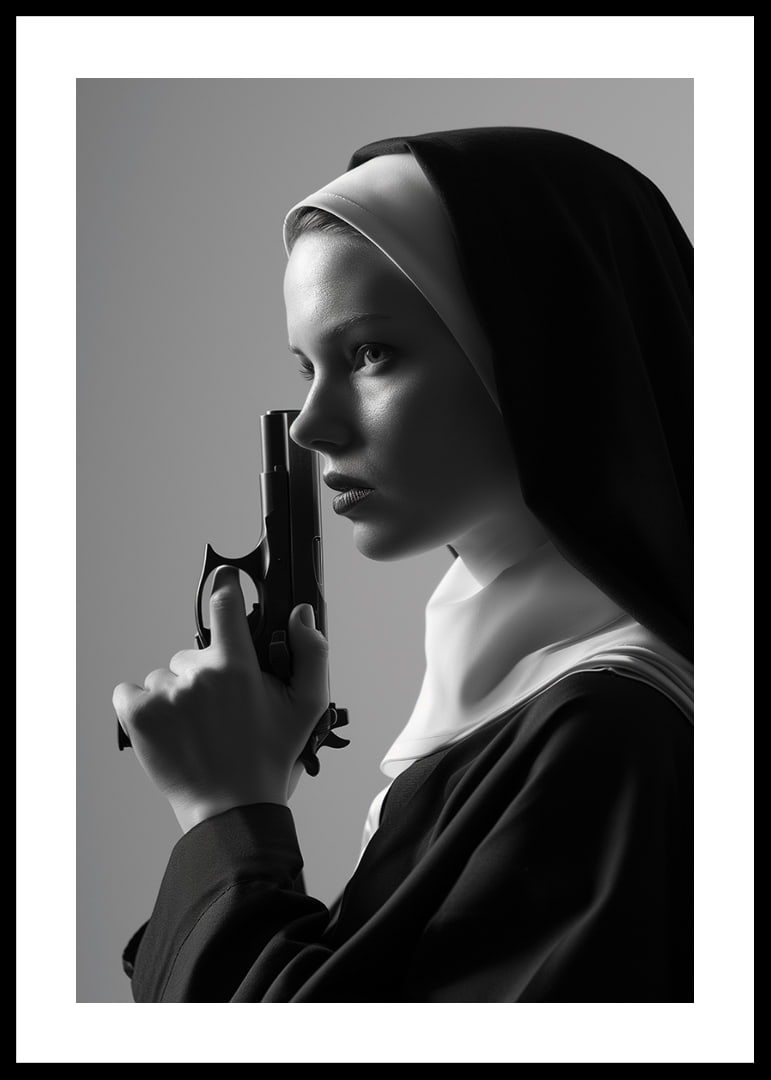 A dramatic black and white image of a determined nun holding a gun close to her face.-12