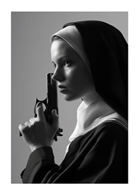 A dramatic black and white image of a determined nun holding a gun close to her face.-3