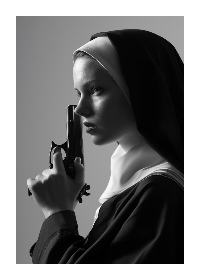 A dramatic black and white image of a determined nun holding a gun close to her face.-12