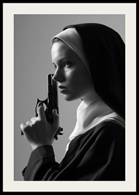 A dramatic black and white image of a determined nun holding a gun close to her face.-4