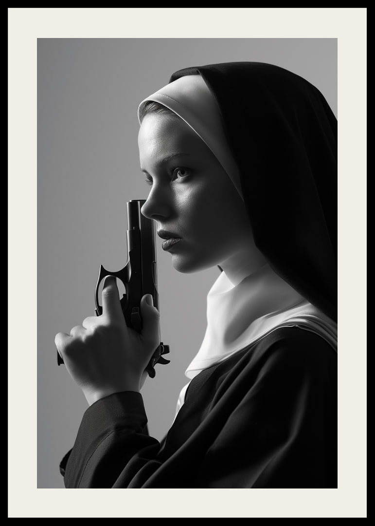 A dramatic black and white image of a determined nun holding a gun close to her face.-12