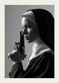 A dramatic black and white image of a determined nun holding a gun close to her face.-5