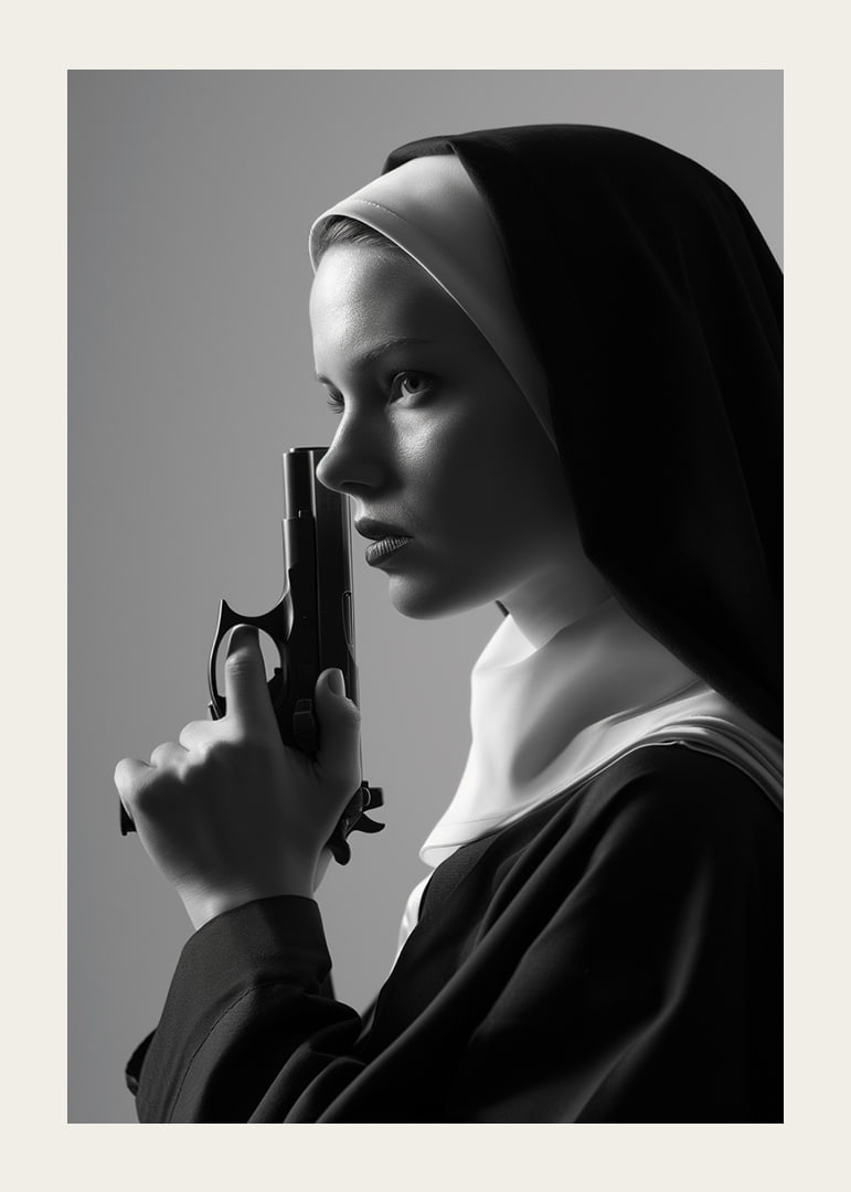 A dramatic black and white image of a determined nun holding a gun close to her face.-12