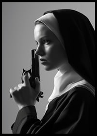 A dramatic black and white image of a determined nun holding a gun close to her face.-6