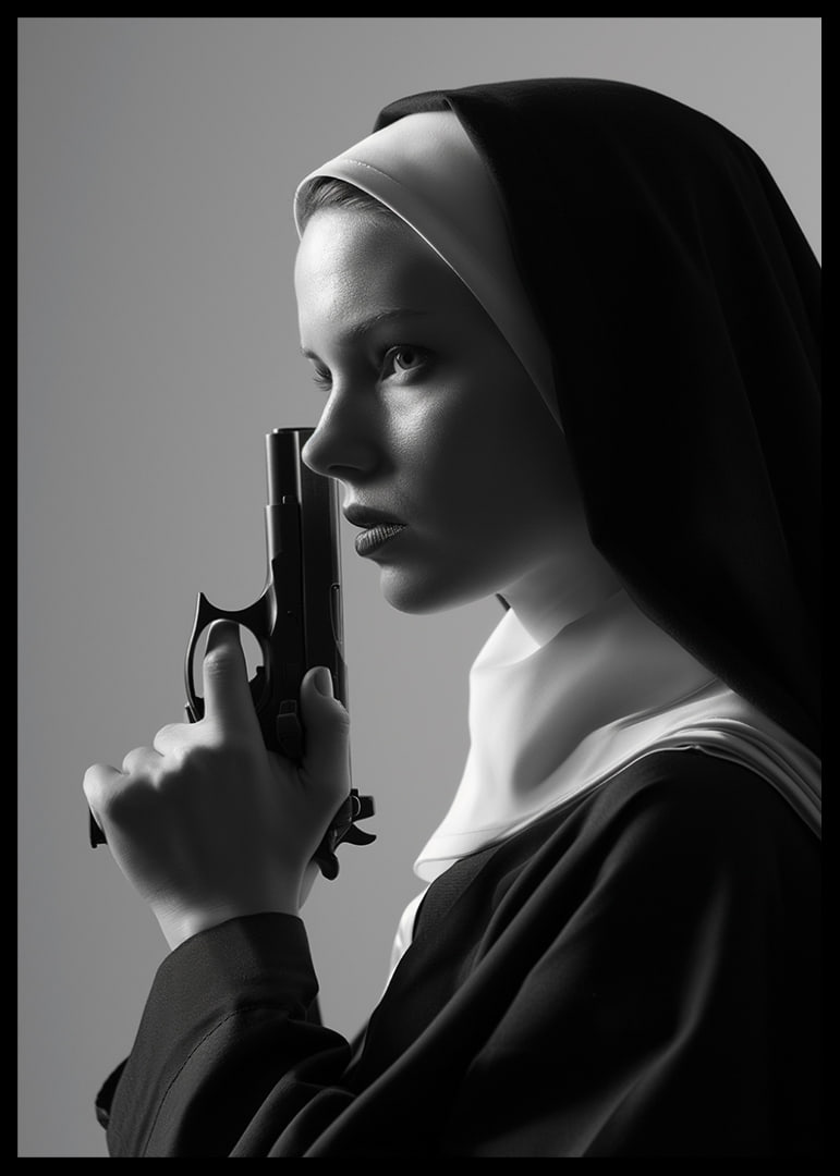 A dramatic black and white image of a determined nun holding a gun close to her face.-12