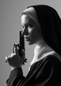 A dramatic black and white image of a determined nun holding a gun close to her face.-7