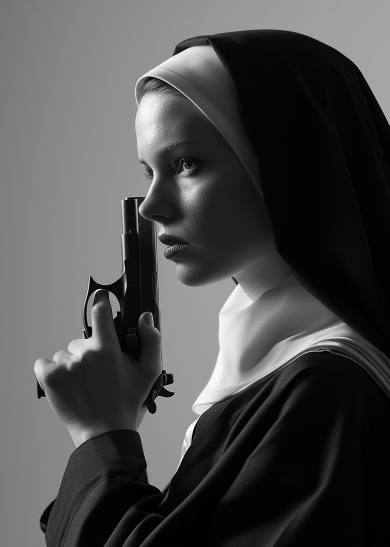 A dramatic black and white image of a determined nun holding a gun close to her face.-12
