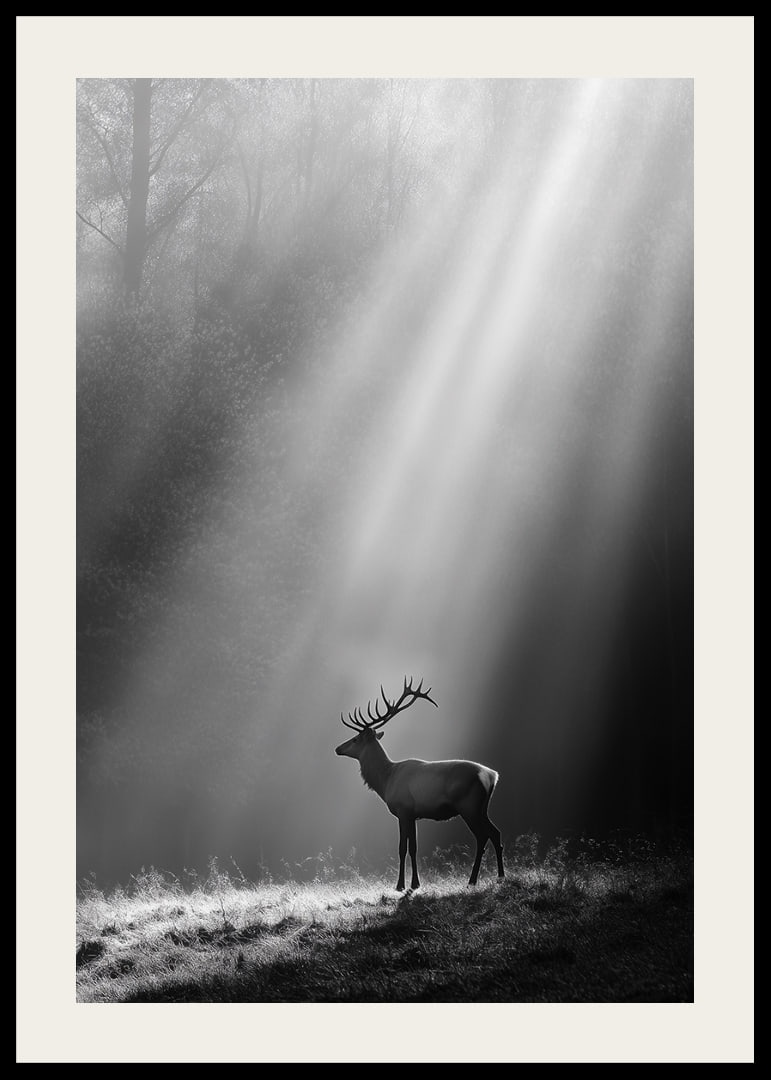 A majestic deer stands in a forest glade where the sun's rays break through the fog.-12