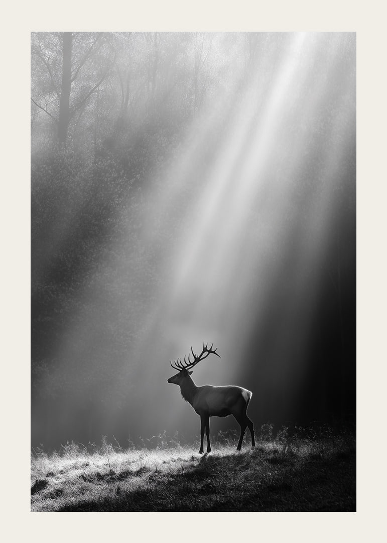 A majestic deer stands in a forest glade where the sun's rays break through the fog.-12
