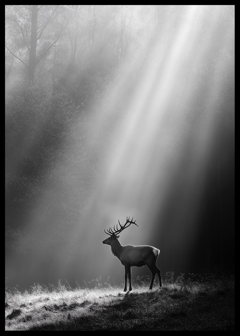 A majestic deer stands in a forest glade where the sun's rays break through the fog.-12