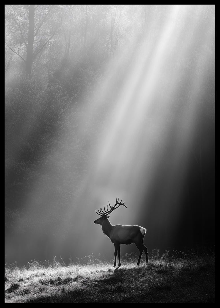 A majestic deer stands in a forest glade where the sun's rays break through the fog.-12