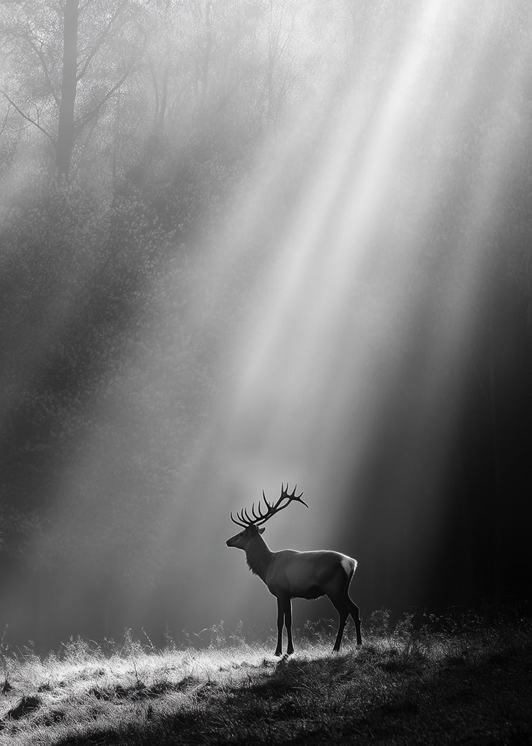 A majestic deer stands in a forest glade where the sun's rays break through the fog.-12