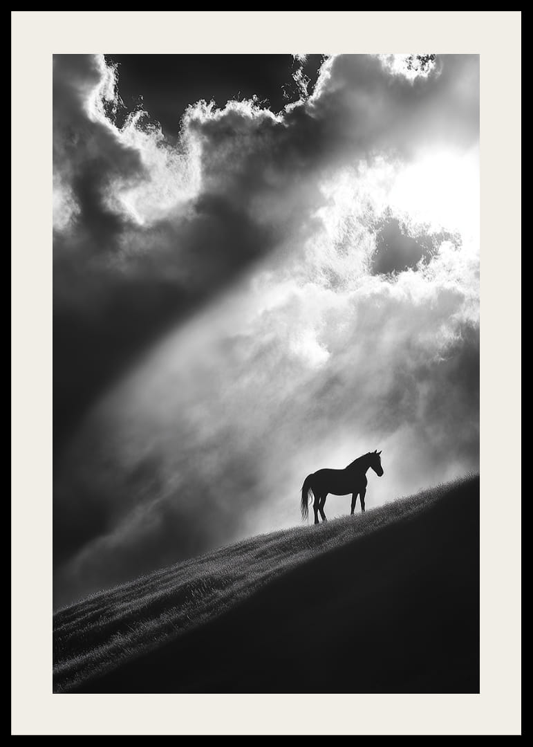 Un cal singuratic stă conturat pe un deal sub razele dramatice de lumină printre nori.-12