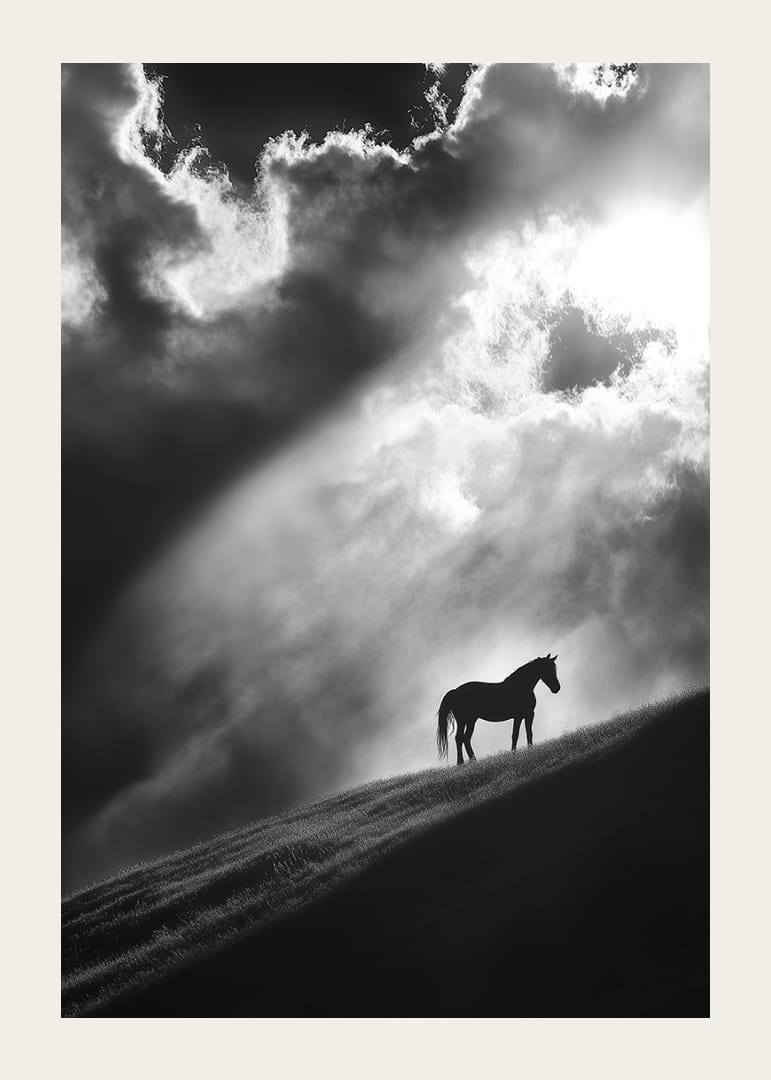 Un cal singuratic stă conturat pe un deal sub razele dramatice de lumină printre nori.-12