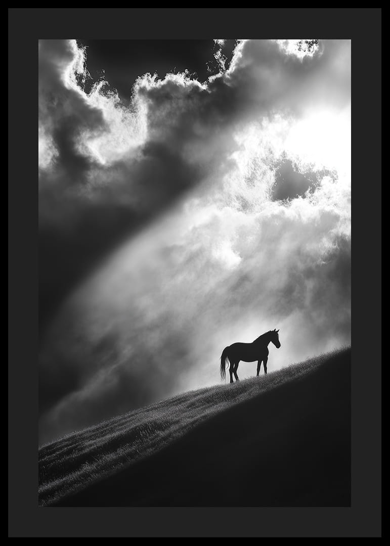 Un cal singuratic stă conturat pe un deal sub razele dramatice de lumină printre nori.-12