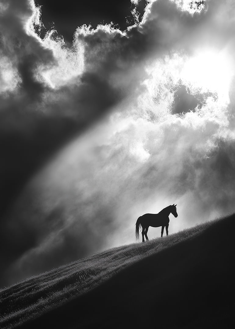 A lone horse stands silhouetted on a hill under dramatic rays of light through the clouds.-12