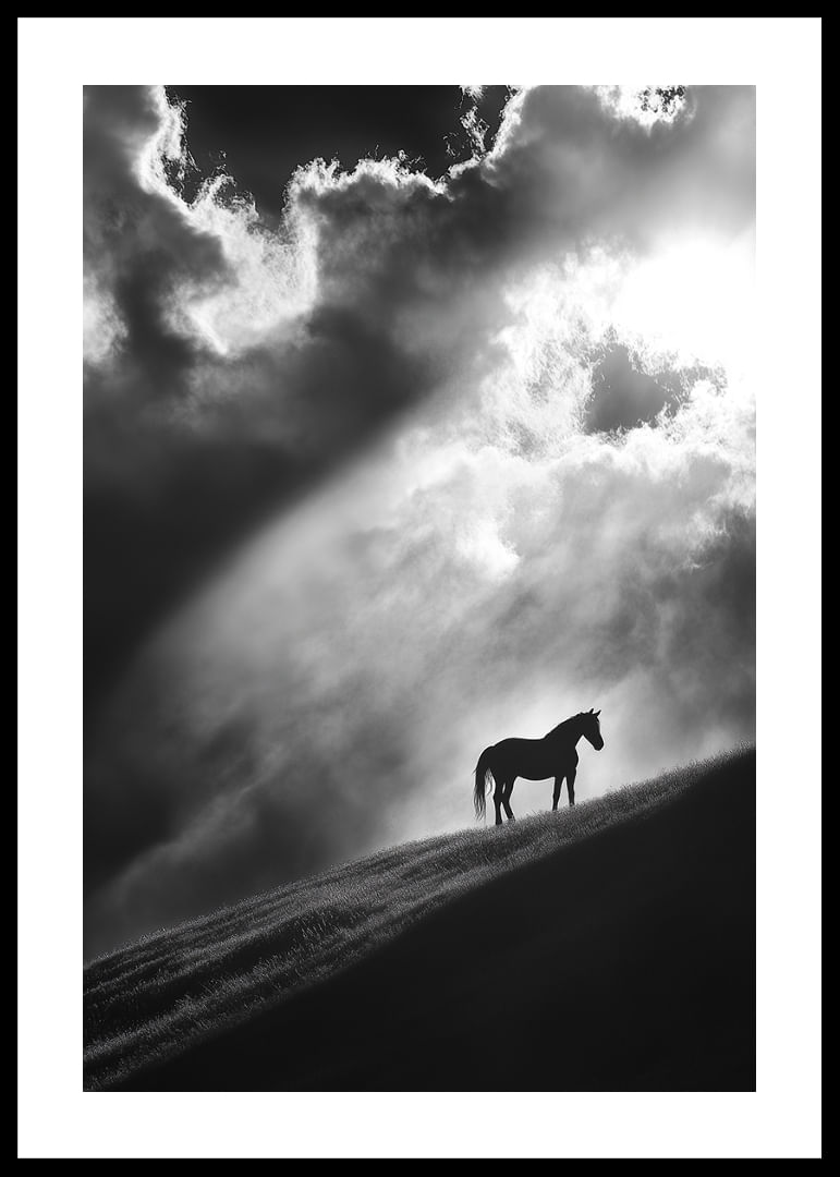 A lone horse stands silhouetted on a hill under dramatic rays of light through the clouds.-12