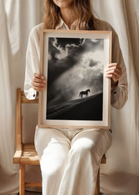 A lone horse stands silhouetted on a hill under dramatic rays of light through the clouds.-4
