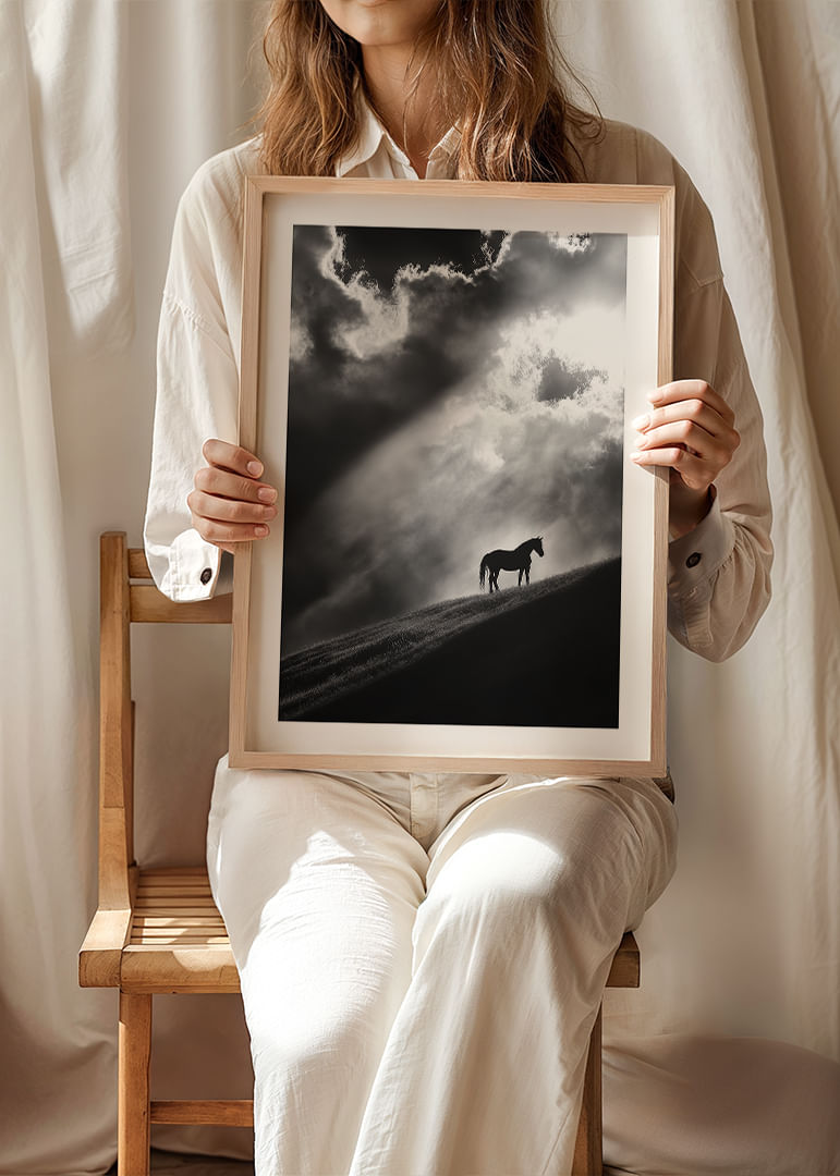 A lone horse stands silhouetted on a hill under dramatic rays of light through the clouds.-12