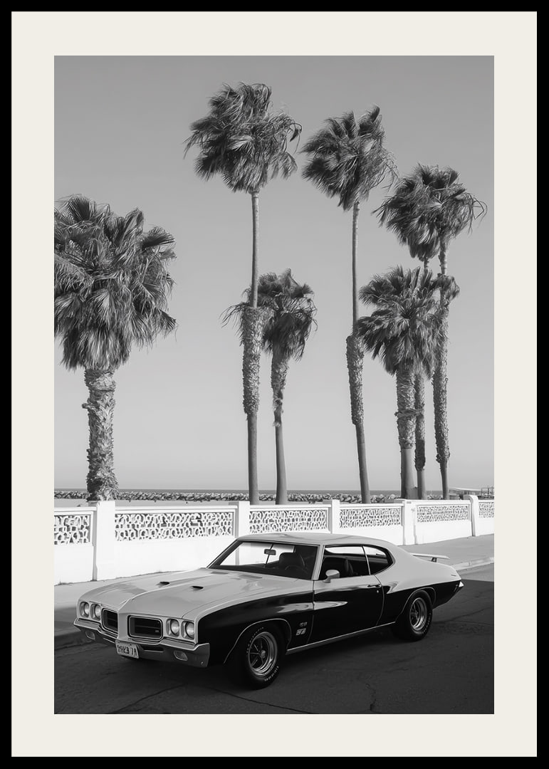 A classic muscle car is parked by the sea under swaying palm trees.-12