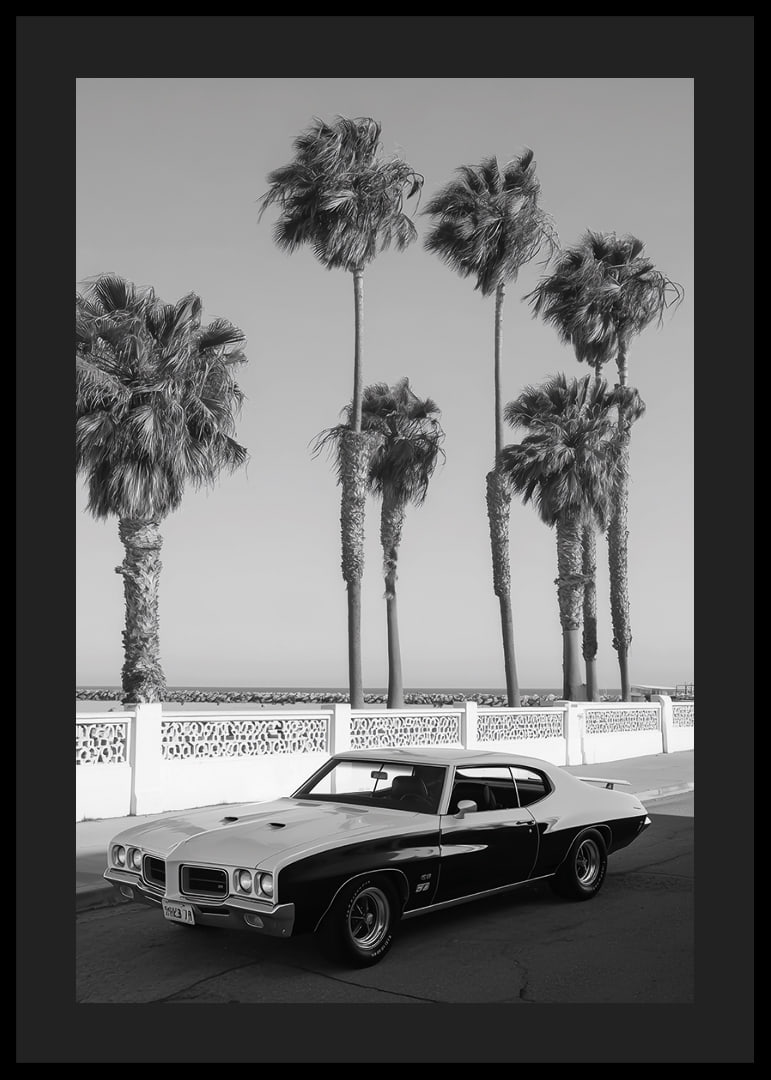 A classic muscle car is parked by the sea under swaying palm trees.-12