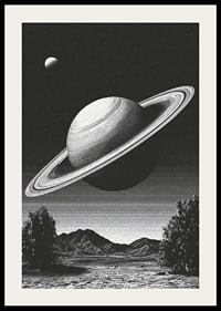 En surrealistisk svartvit scen där Saturnus reser sig mäktigt över ett jordiskt landskap.-2