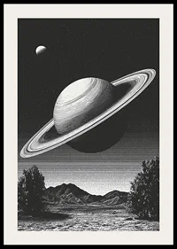 A surreal black and white scene where Saturn rises powerfully over an earthly landscape.-2