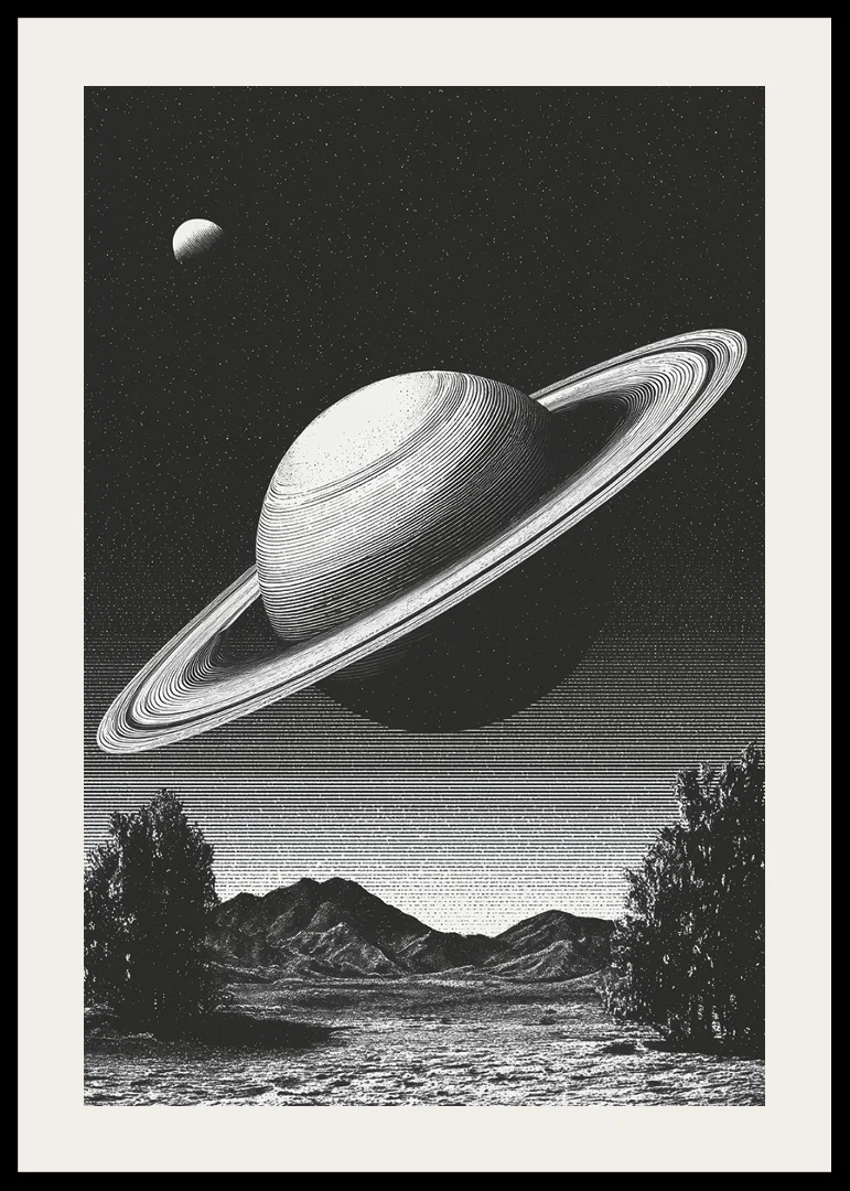 A surreal black and white scene where Saturn rises powerfully over an earthly landscape.-12