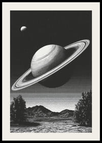 Una scena surreale in bianco e nero in cui Saturno sorge possente su un paesaggio terrestre.-2
