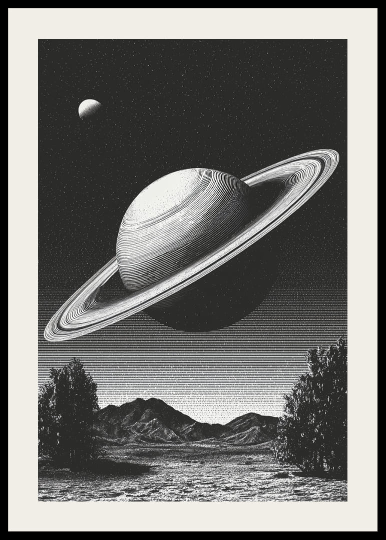 Una scena surreale in bianco e nero in cui Saturno sorge possente su un paesaggio terrestre.-12