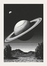 A surreal black and white scene where Saturn rises powerfully over an earthly landscape.-3