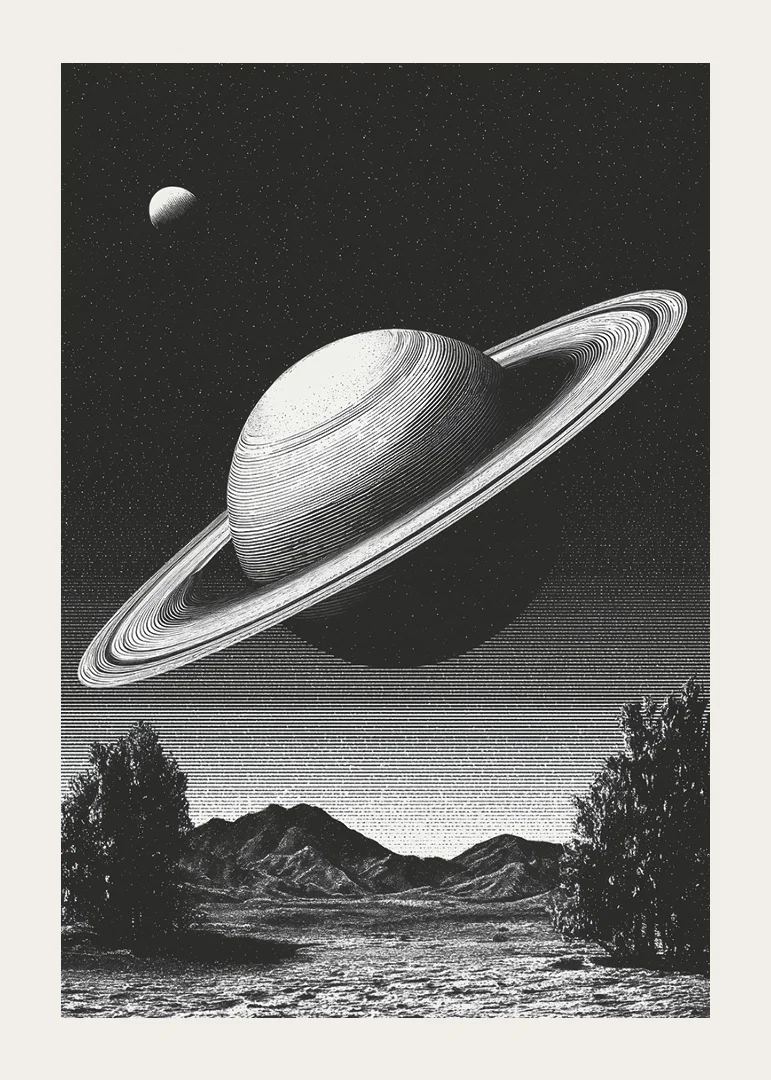 A surreal black and white scene where Saturn rises powerfully over an earthly landscape.-12