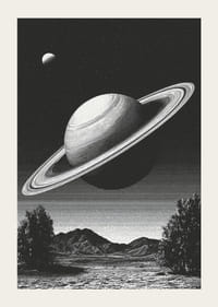 Una scena surreale in bianco e nero in cui Saturno sorge possente su un paesaggio terrestre.-3