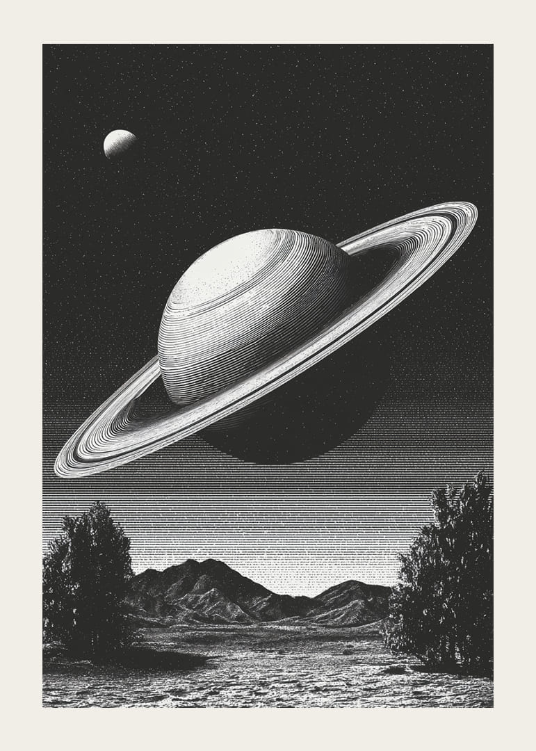Una scena surreale in bianco e nero in cui Saturno sorge possente su un paesaggio terrestre.-12