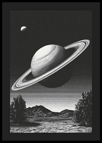 En surrealistisk svartvit scen där Saturnus reser sig mäktigt över ett jordiskt landskap.-4