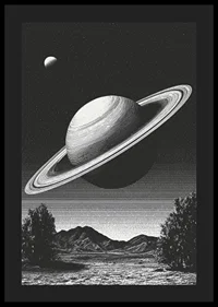 A surreal black and white scene where Saturn rises powerfully over an earthly landscape.-4