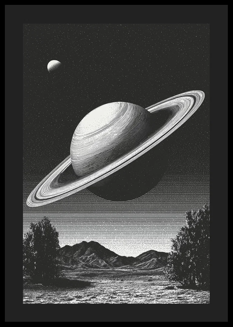 A surreal black and white scene where Saturn rises powerfully over an earthly landscape.-12