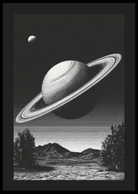 Una scena surreale in bianco e nero in cui Saturno sorge possente su un paesaggio terrestre.-4