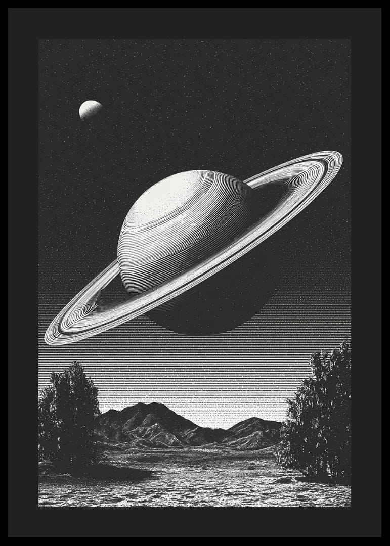 Una scena surreale in bianco e nero in cui Saturno sorge possente su un paesaggio terrestre.-12