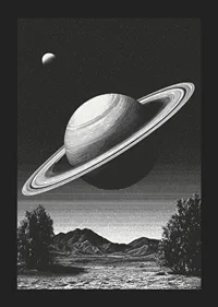 A surreal black and white scene where Saturn rises powerfully over an earthly landscape.-5