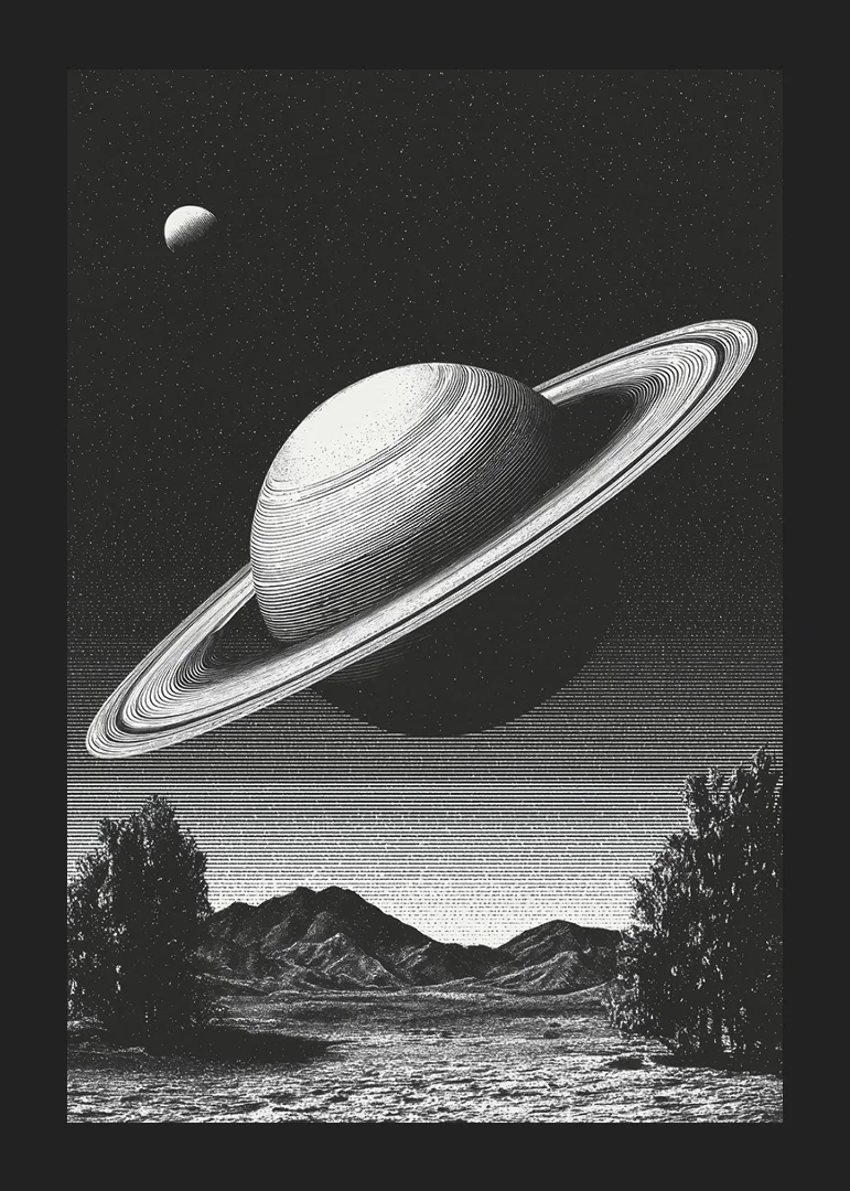 A surreal black and white scene where Saturn rises powerfully over an earthly landscape.-12