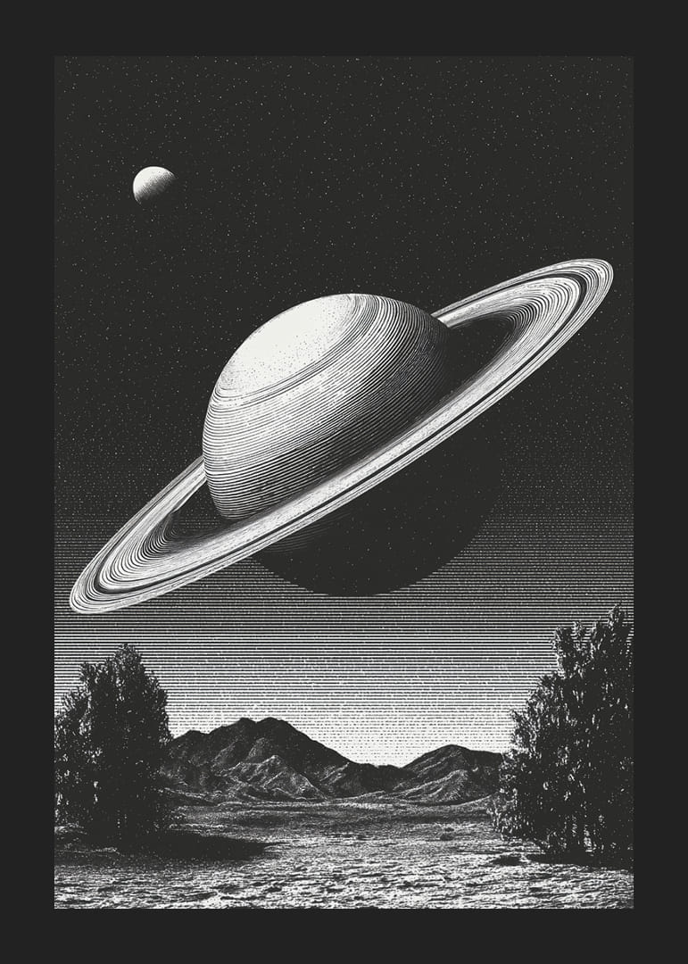 Una scena surreale in bianco e nero in cui Saturno sorge possente su un paesaggio terrestre.-12