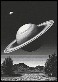 En surrealistisk svartvit scen där Saturnus reser sig mäktigt över ett jordiskt landskap.-6