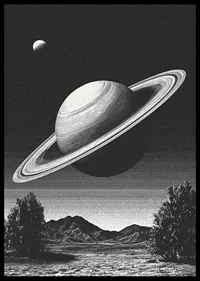 A surreal black and white scene where Saturn rises powerfully over an earthly landscape.-6